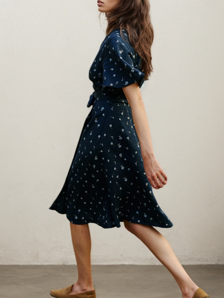 

Linen Regular Fit Cross Neck Cotton And Linen Dress With No, Deep gray, Midi Dresses