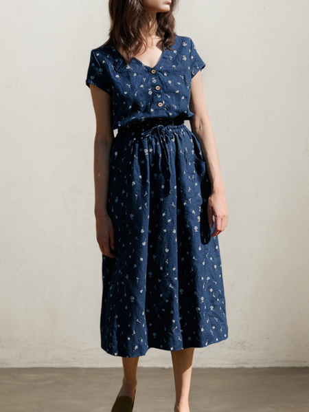 

Cotton And Linen Linen Dress With No, Dark blue, Midi Dresses