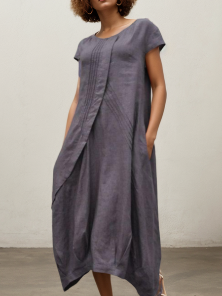 Linen Crew Neck Dress With No, Gray, Midi Dresses