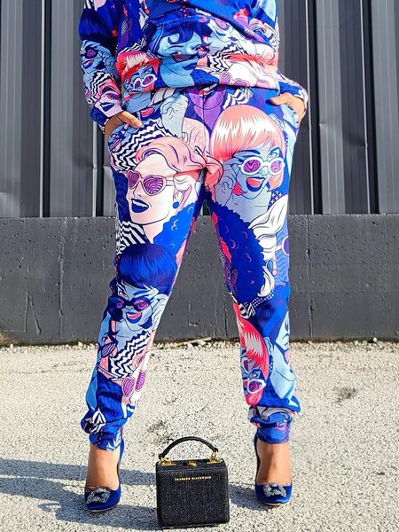 

Casual Random Print Pants, Blue, Pants