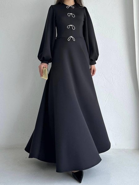 

Crew Neck Bow Elegant Plain Long Sleeve Maxi Dress, Black, Maxi Dresses