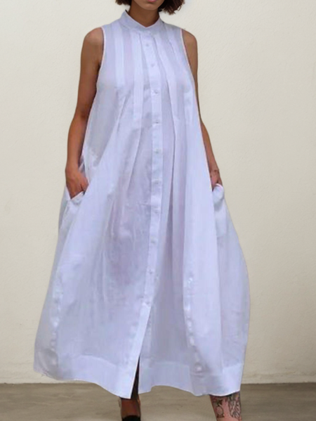 

Linen Stand Collar Dress With No, White, Midi Dresses