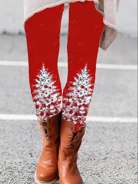 Christmas Tree Print Casual Leggings, Red, Leggings