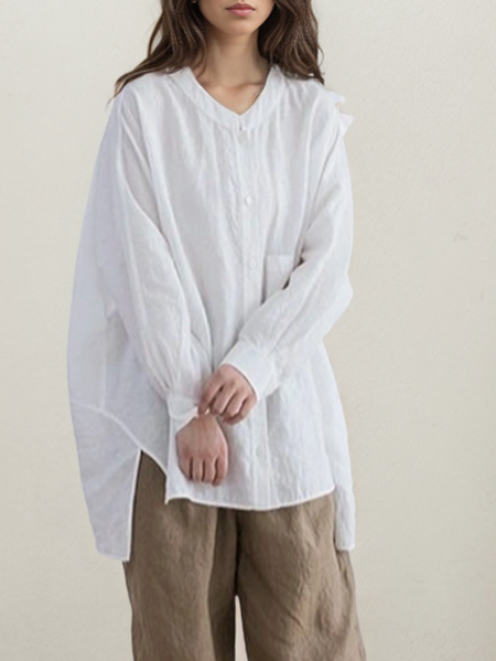 Loose Cotton And Linen Stand Collar Linen Shirt, White, Blouses & Shirts