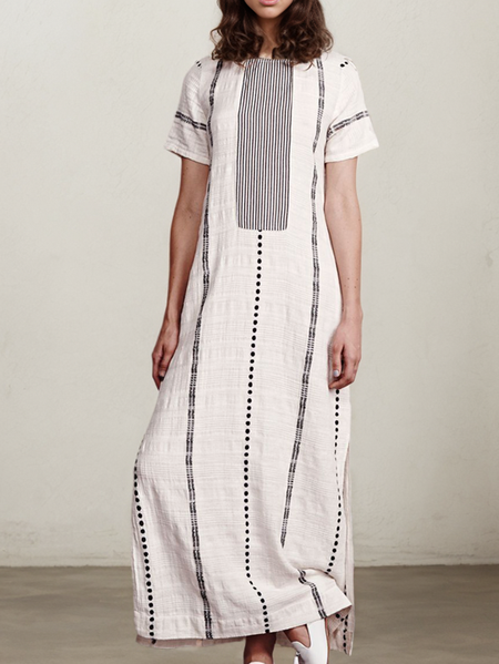 Striped Linen Dress With No, White, Midi Dresses