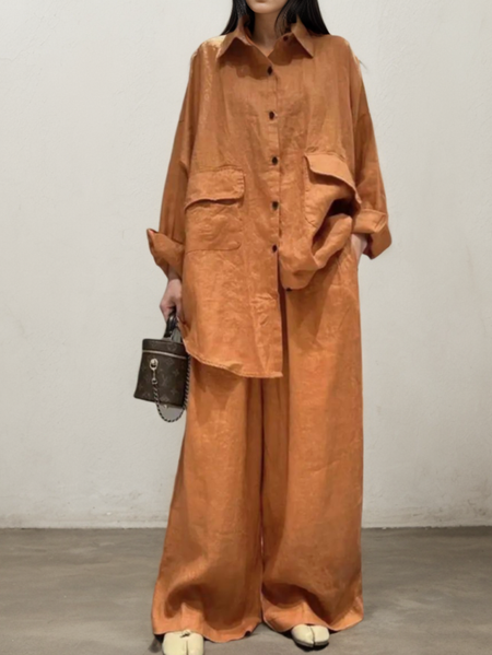

Shirt Collar Cotton And Linen Plain Linen Two-Piece Set, Orange, Suits