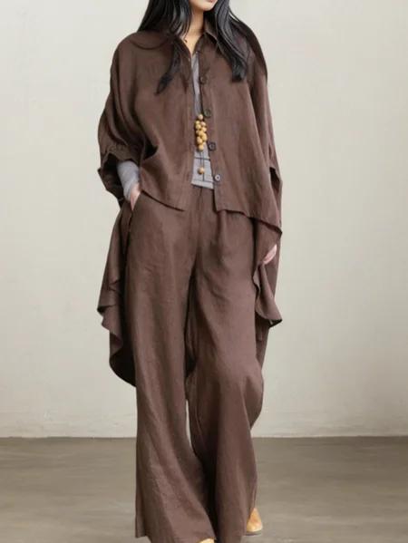 Cotton And Linen Linen Two-Piece Set, Brown, Suits