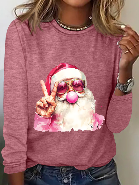 

Retro Santa Christmas Blowing Bubble Casual Long Sleeve Shirt, Watermelon, Long sleeves