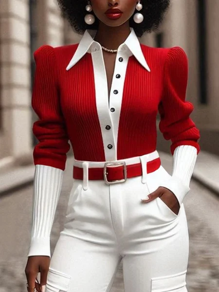 

Puff Sleeve Color Block Elegant Sweater Shirt, White-red, Pullovers