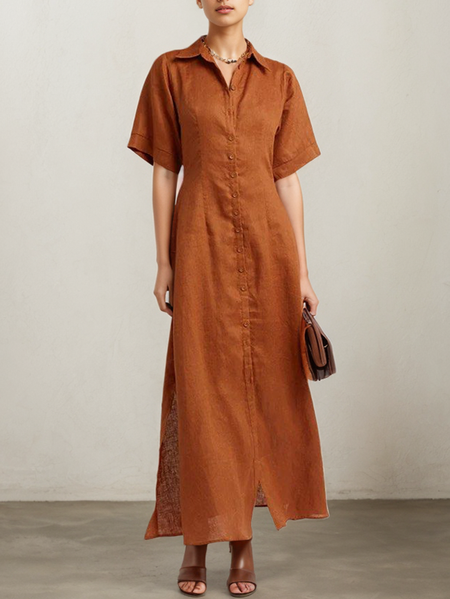 

Cotton And Linen Linen Regular Fit Dress With No, Orange, Midi Dresses