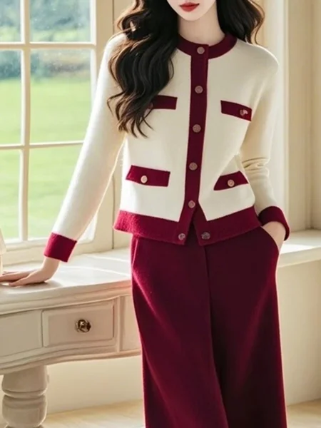 

Color Block Crew Neck Buttoned Elegant Cardigan Sweater, Red, Cardigans