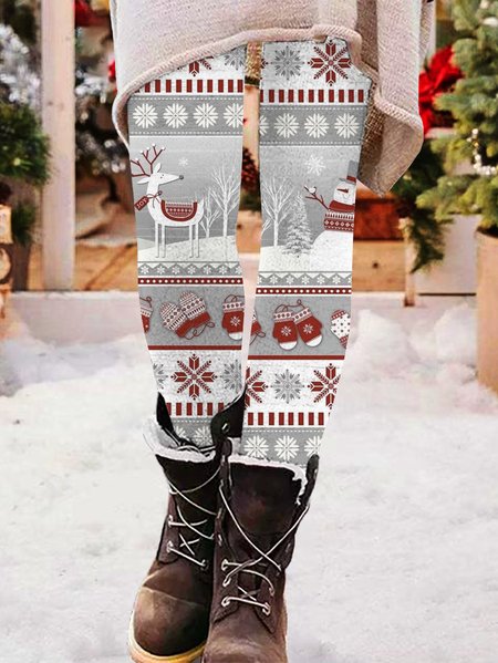 Christmas Jersey Casual Tight Leggings, Red, Leggings