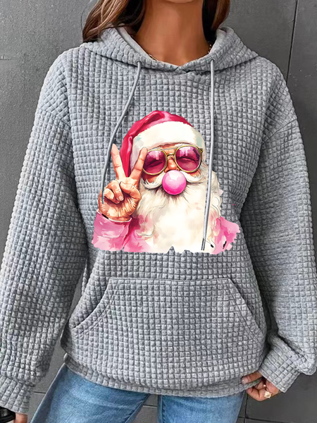 

Retro Santa Christmas Blowing Bubble Simple Loose Hoodie, Gray, Hoodies&Sweatshirts