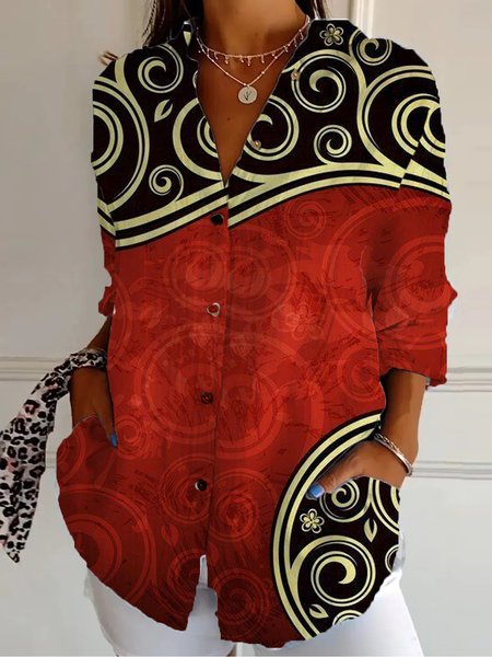 

Shirt Collar Long Sleeve Floral Regular Loose Shirt For Women, Red, Shirts