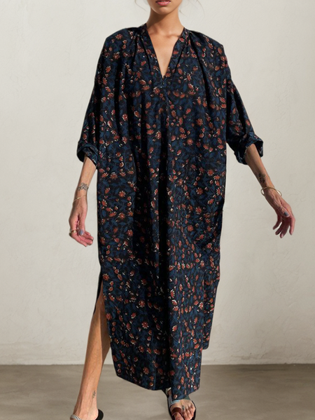 

Linen V Neck Loose Plain Dress With No, Dark blue, Midi Dresses