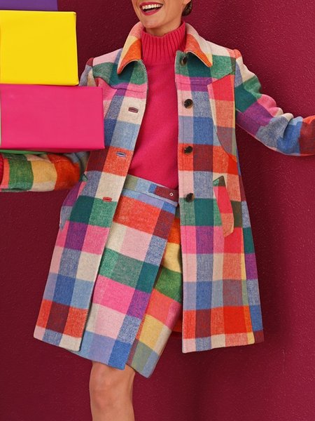 Loosen Mid-long Urban Plaid Coat, As picture, Coats