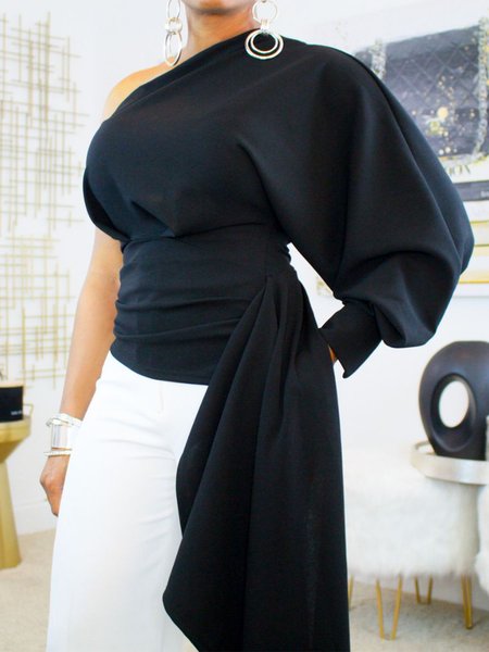 

Plain Irregular Craftsmanship Urban One Shoulder Blouse, Black, Blouses and Shirts