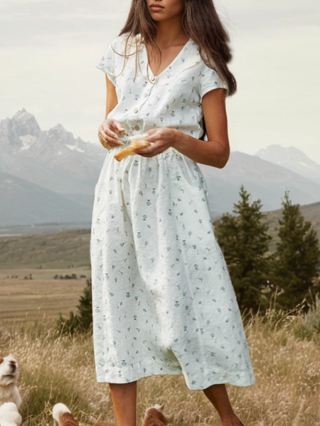 

Floral V Neck Linen Regular Fit Dress With No, White, Midi Dresses