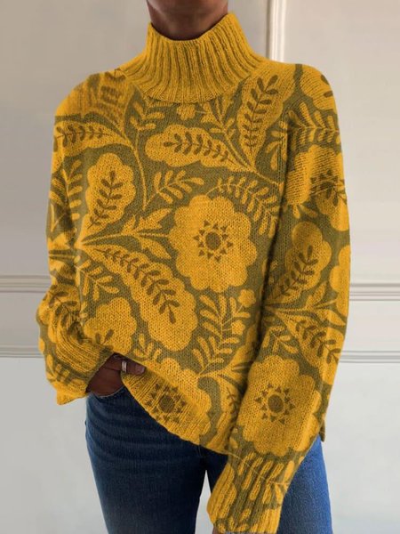 

Wool/Knitting Loose Floral Casual Sweater, Mustard, Sweaters & Cardigans