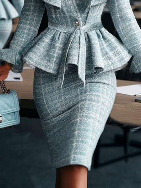 Elegant Tweed Plaid Tight Slit Skirt, Blue, Skirts