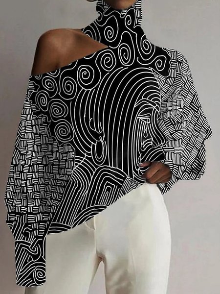 

Women's Long Sleeve Blouse Spring/Fall Abstract Cold Shoulder Daily Going Out Casual Top, Black, Blouses