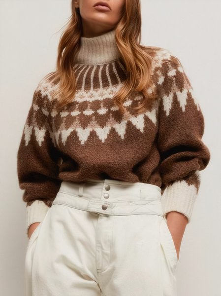 

Casual Turtleneck Fair Isle Loose Sweater, Brown, Pullovers