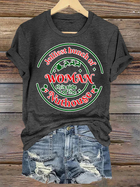 

Jolliest Bunch of Woman Cotton Crew Neck Christmas T-Shirt, Gray, T-shirts