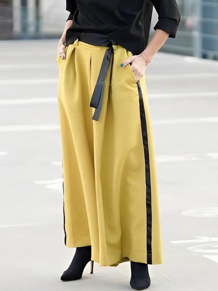 

Casual Color Block Pants With Belt, Yellow, Pants