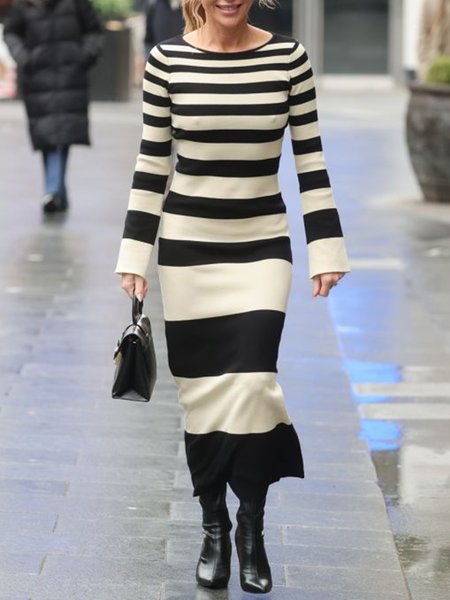 Urban Crew Neck Striped Sweater Dress, Black-white, Maxi Dresses