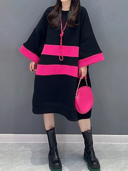 

Color Block Raglan Sleeve Loosen Casual Dress, Black, Midi Dresses