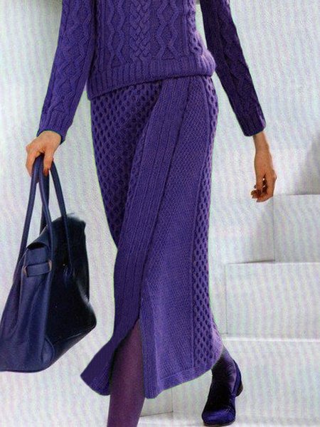 Side-Slit Plain Casual Maxi Skirt Sweater, Purple, Skirts