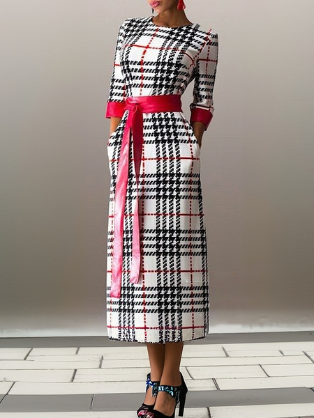 

Elegant Plaid Maxi Dress With Belt, As picture, Maxi Dresses