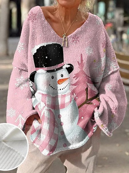 

Women's Winter Christmas Snowman Casual Long Sleeve V Neck Sweater, Pink, Sweaters