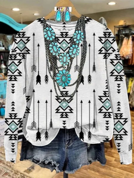 

White Vintage Aztec Print Casual Sweatshirt, Hoodies&Sweatshirts