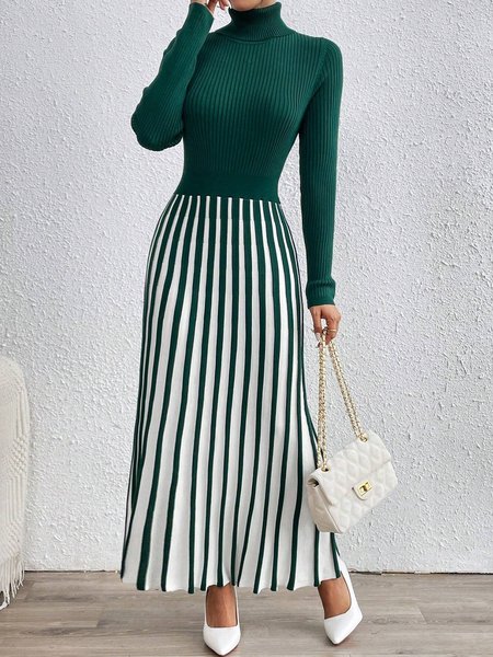 

Color Block Elegant Turtleneck Sweater Dress, Green, Maxi Dresses