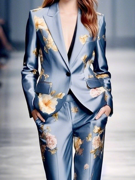 

Lapel Collar Floral Urban Blazer, As picture, Blazers
