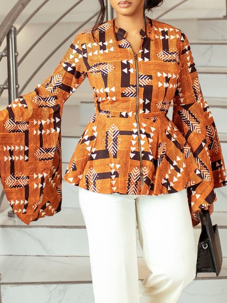

Ethnic Zipper Stand Collar Bell Sleeve Urban Shirt, Orange, Blouses and Shirts