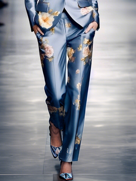 Urban Floral Pants Elastic Waist Straight pants, As picture, Pants