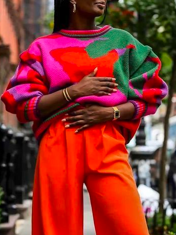 Color Block Loose Raglan Sleeves Casual Sweater, As picture, Pullovers