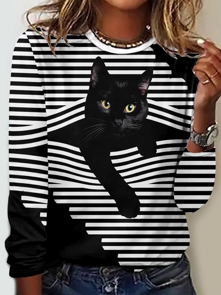 

Casual Striped Crew Neck Long Sleeve T-shirt, Black, T-shirts