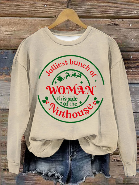 

Jolliest Bunch of Woman Casual Christmas Cotton Sweatshirt, Khaki, Hoodies&Sweatshirts
