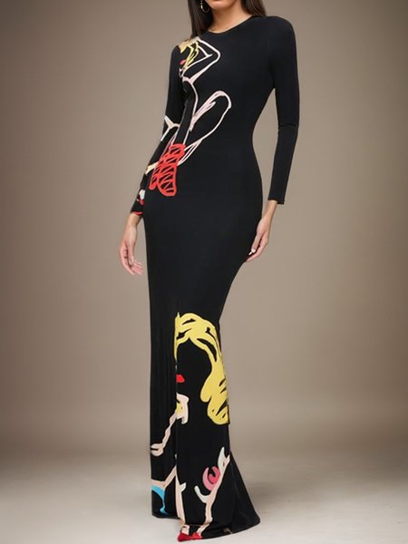 

Crew Neck Abstract Printing Urban Dress, Black, Maxi Dresses