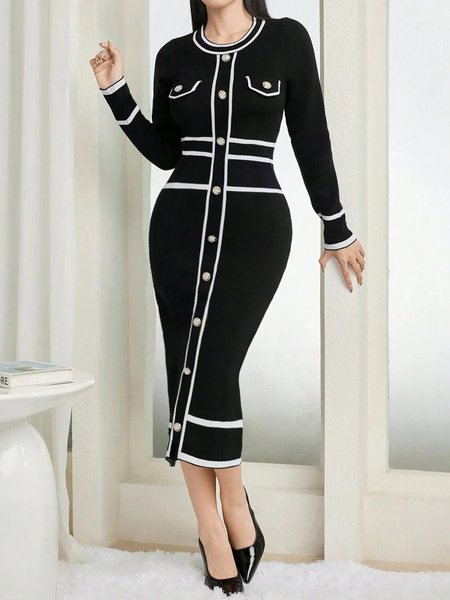 Color Block Tight Elegant Buttoned Sweater Dress, Black, Midi Dresses
