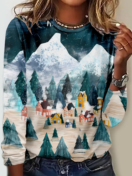 

Casual Ethnic Crew Neck Long Sleeve T-shirt, Green, T-shirts