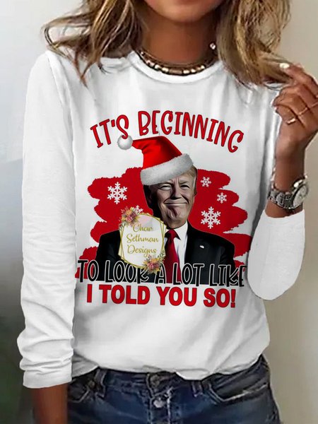 Casual Christmas Crew Neck Long Sleeve T-shirt, White, T-shirts