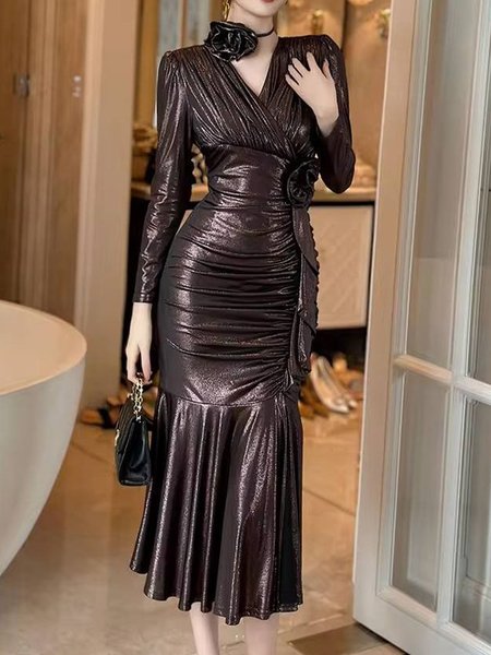 

Elegant 3D Floral V Neck Party Dress With Floral Choker, As picture, Maxi Dresses