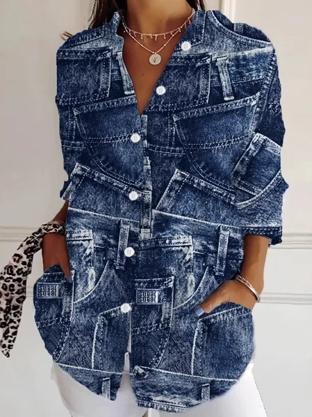 Shirt Collar Long Sleeve Geometric Regular Loose Shirt For Women, Blue, Shirts