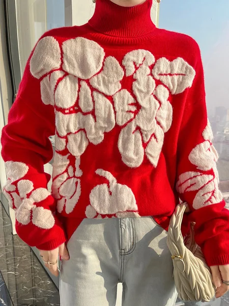 

Turtleneck Floral Casual Sweater, Red, Pullovers