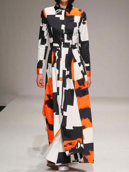 

Shawl Collar Urban Colorblock Shirt Dress, As picture, Maxi Dresses