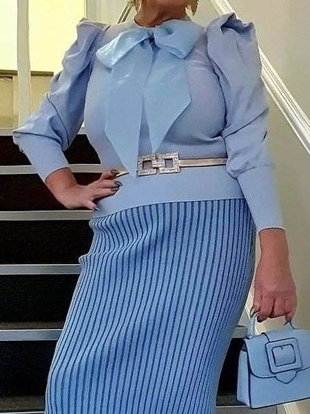

Micro-Elasticity Elegant Puff Sleeve Blouse With No Belt, Blue, Blouses and Shirts